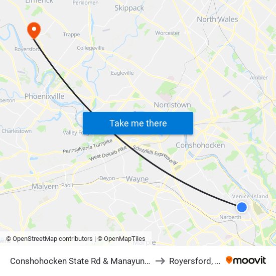 Conshohocken State Rd & Manayunk Rd to Royersford, PA map