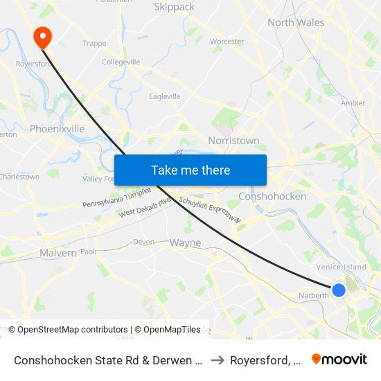 Conshohocken State Rd & Derwen Rd to Royersford, PA map