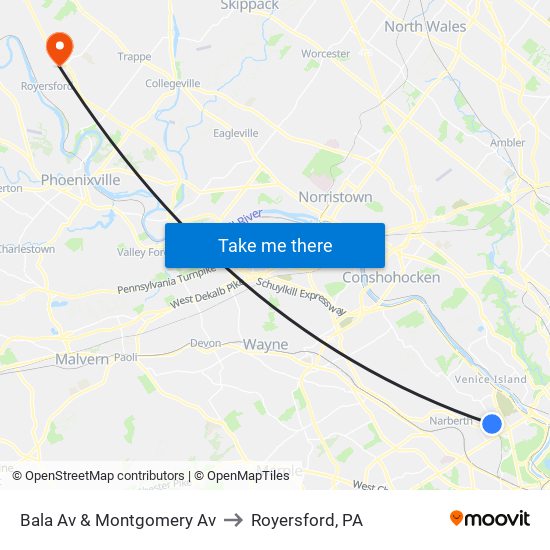 Bala Av & Montgomery Av to Royersford, PA map