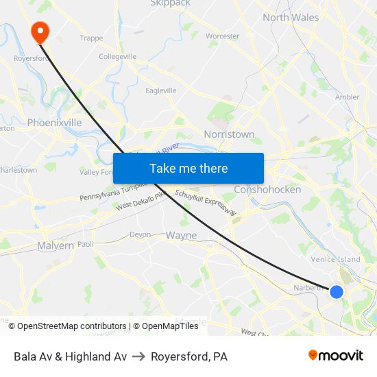 Bala Av & Highland Av to Royersford, PA map