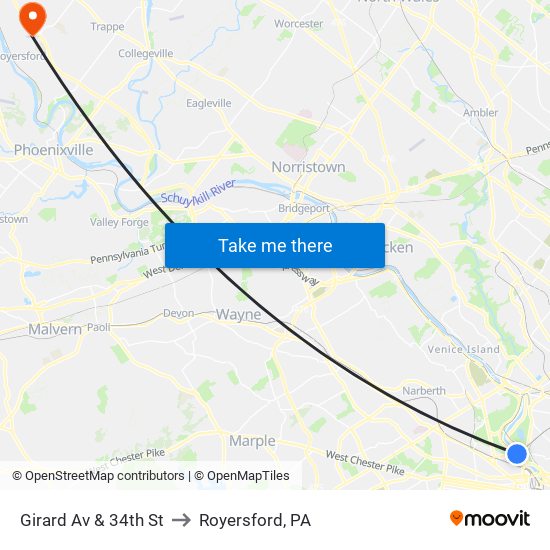 Girard Av & 34th St to Royersford, PA map