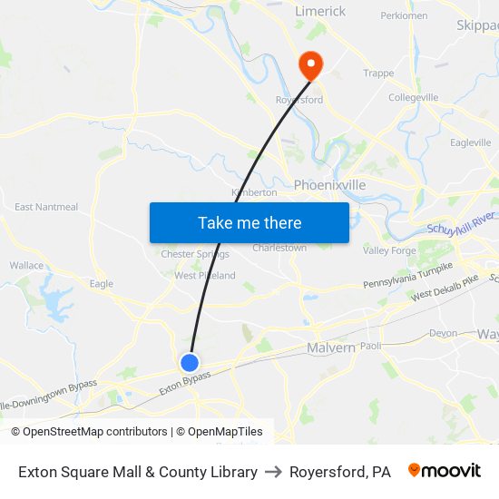 Exton Square Mall & County Library to Royersford, PA map