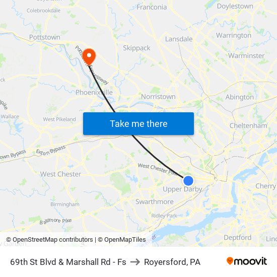 69th St Blvd & Marshall Rd - Fs to Royersford, PA map