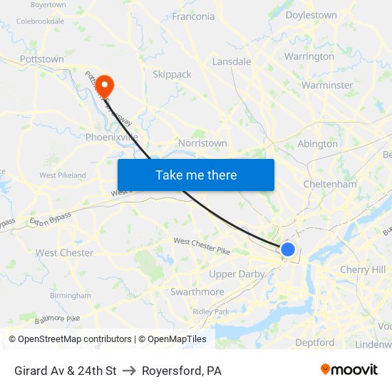 Girard Av & 24th St to Royersford, PA map