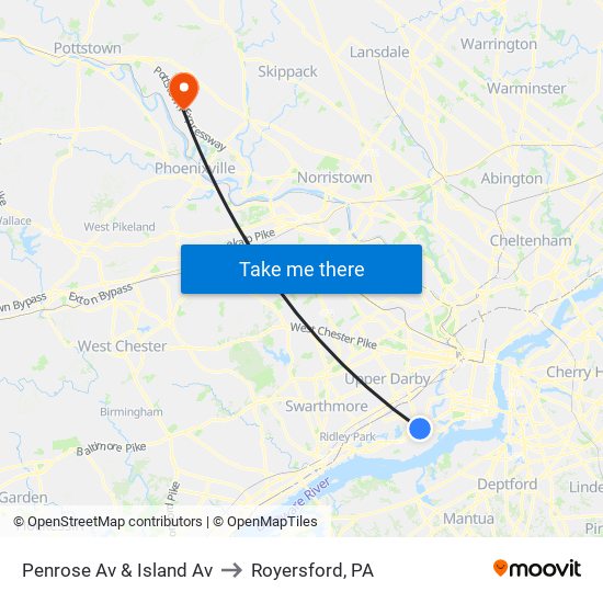 Penrose Av & Island Av to Royersford, PA map