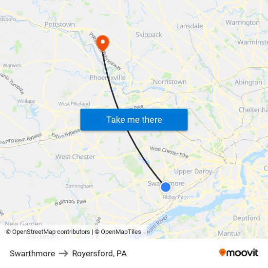 Swarthmore to Royersford, PA map