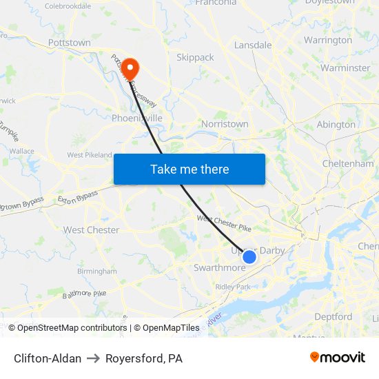 Clifton-Aldan to Royersford, PA map