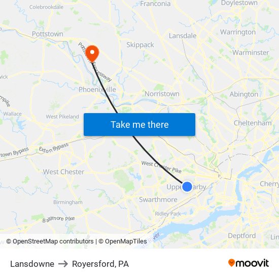 Lansdowne to Royersford, PA map