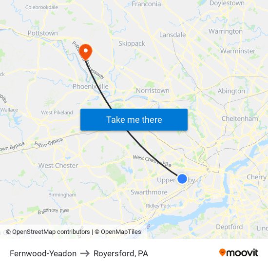 Fernwood-Yeadon to Royersford, PA map