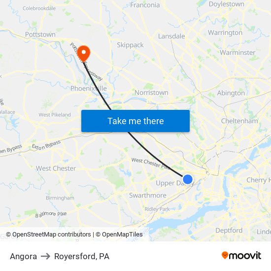 Angora to Royersford, PA map