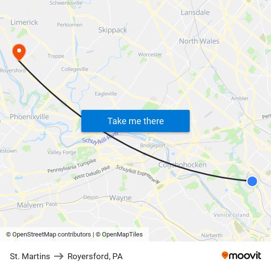 St. Martins to Royersford, PA map