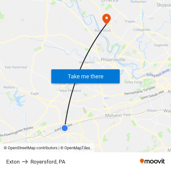 Exton to Royersford, PA map