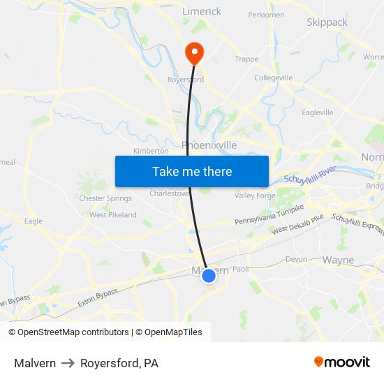 Malvern to Royersford, PA map