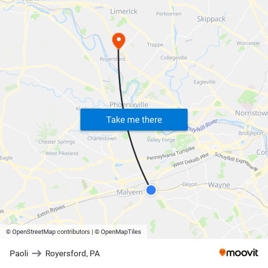 Paoli to Royersford, PA map