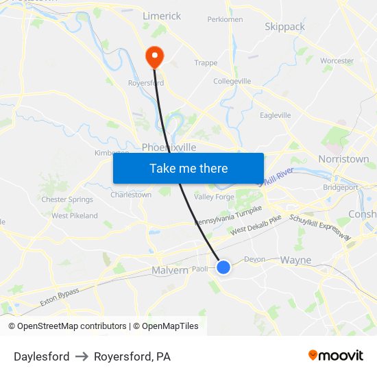 Daylesford to Royersford, PA map