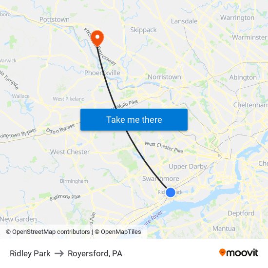 Ridley Park to Royersford, PA map