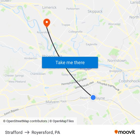 Strafford to Royersford, PA map