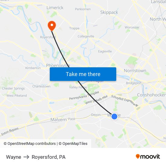 Wayne to Royersford, PA map