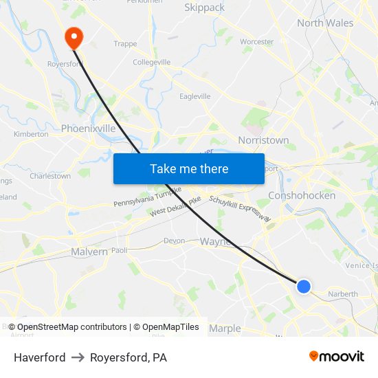 Haverford to Royersford, PA map