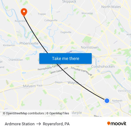 Ardmore Station to Royersford, PA map