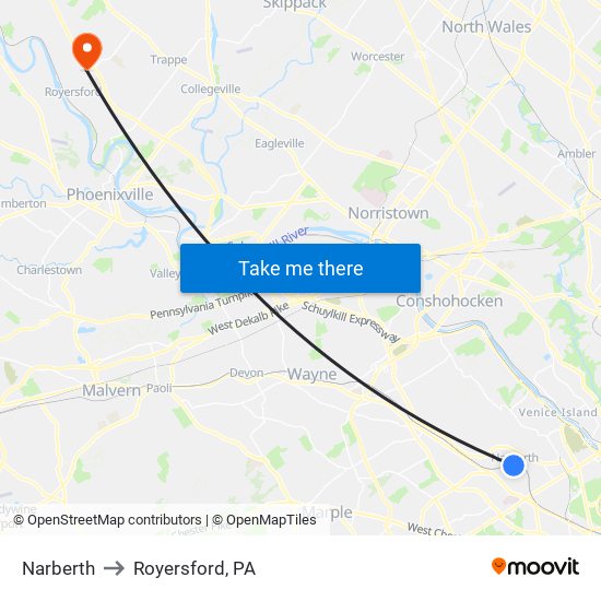 Narberth to Royersford, PA map