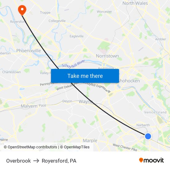 Overbrook to Royersford, PA map