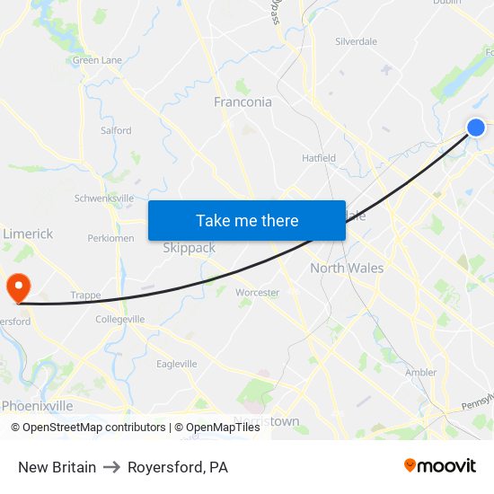 New Britain to Royersford, PA map