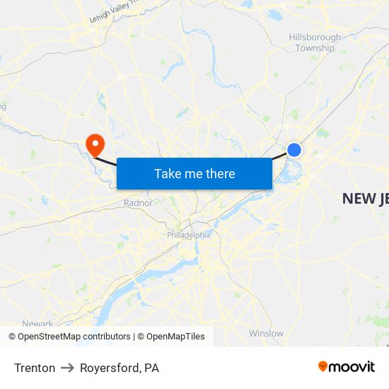 Trenton to Royersford, PA map