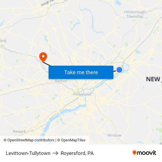Levittown-Tullytown to Royersford, PA map
