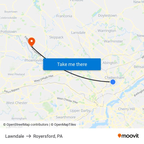 Lawndale to Royersford, PA map