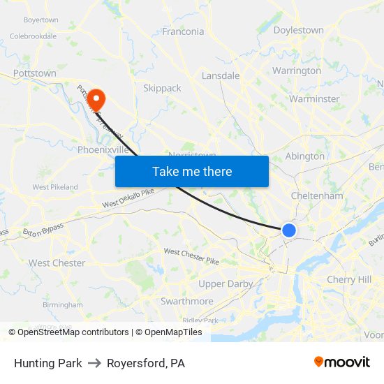 Hunting Park to Royersford, PA map