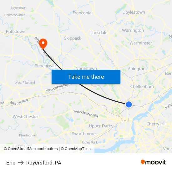 Erie to Royersford, PA map