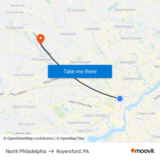 North Philadelphia to Royersford, PA map