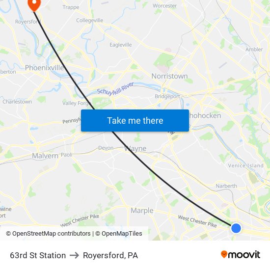 63rd St Station to Royersford, PA map