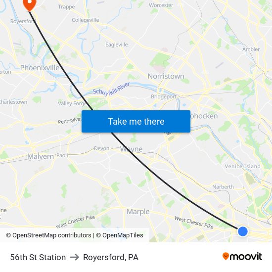 56th St Station to Royersford, PA map