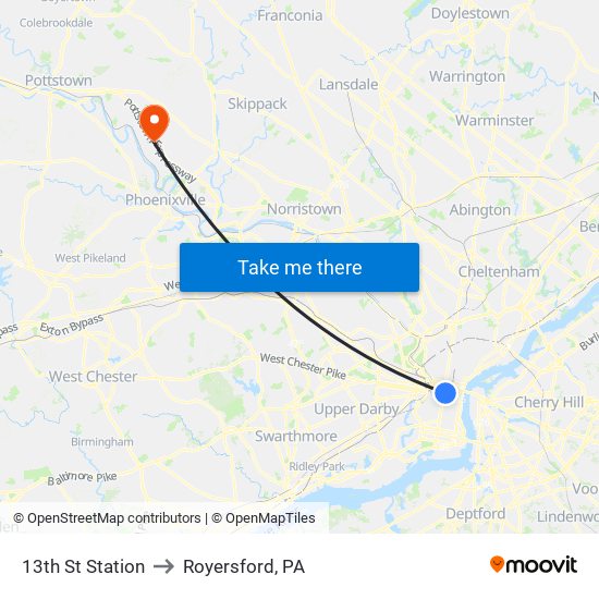 13th St Station to Royersford, PA map
