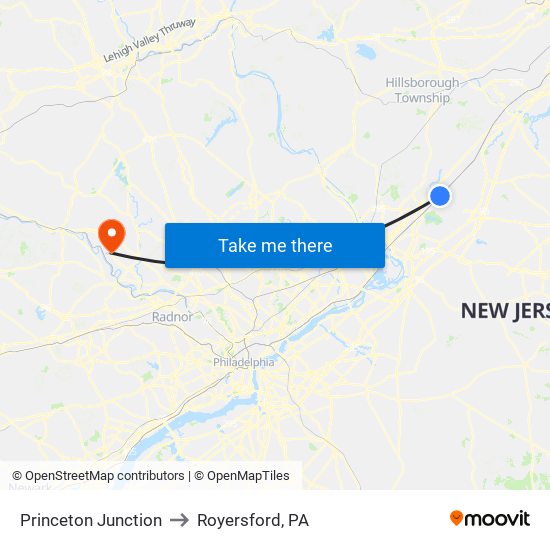 Princeton Junction to Royersford, PA map