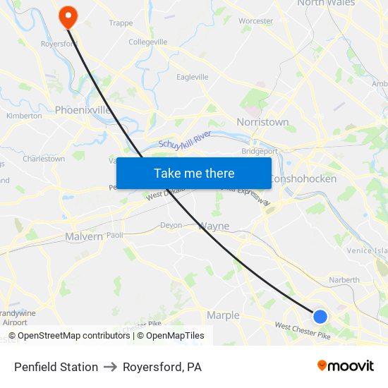 Penfield Station to Royersford, PA map