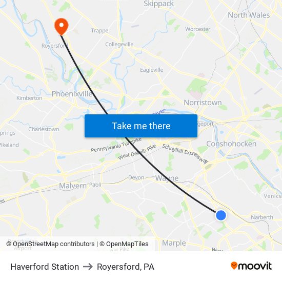 Haverford Station to Royersford, PA map