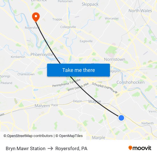 Bryn Mawr Station to Royersford, PA map