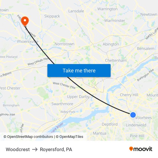 Woodcrest to Royersford, PA map