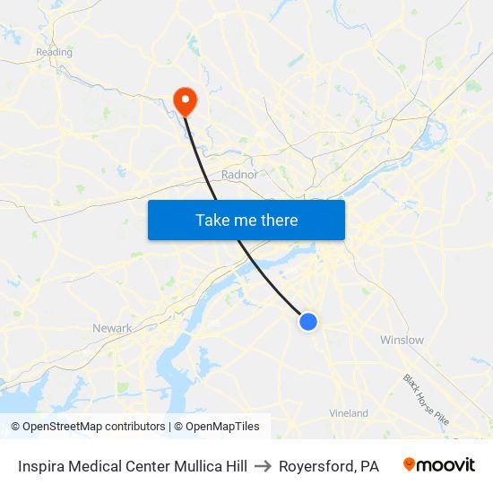 Inspira Medical Center Mullica Hill to Royersford, PA map