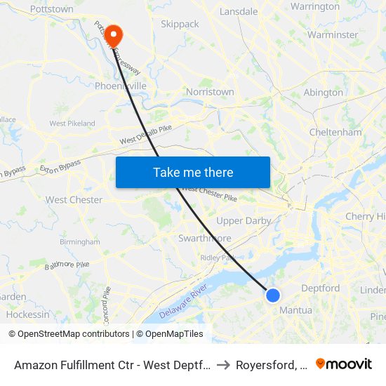 Amazon Fulfillment Ctr - West Deptford to Royersford, PA map