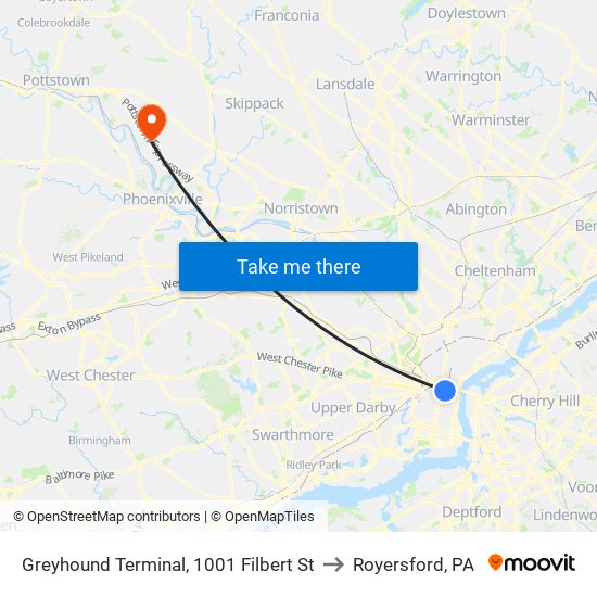 Greyhound Terminal, 1001 Filbert St to Royersford, PA map