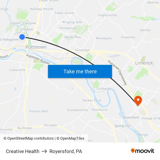 Creative Health to Royersford, PA map