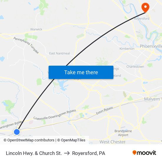 Lincoln Hwy. & Church St. to Royersford, PA map