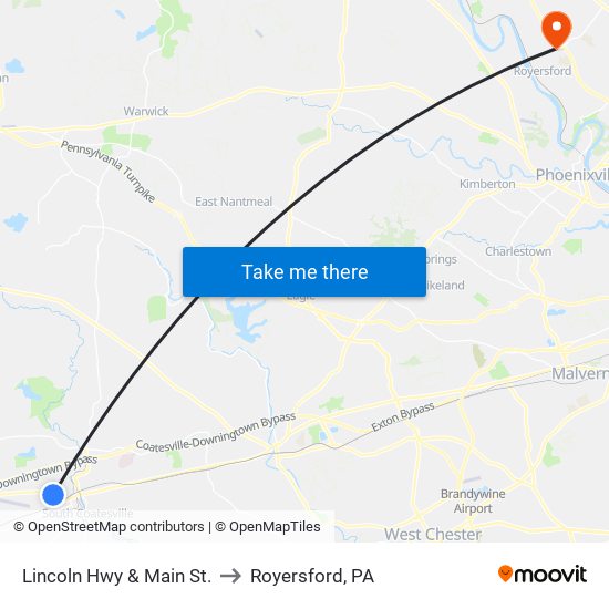 Lincoln Hwy & Main St. to Royersford, PA map