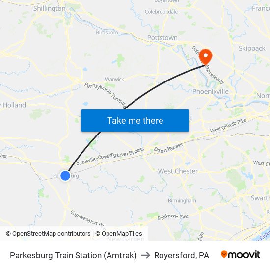 Parkesburg Train Station (Amtrak) to Royersford, PA map