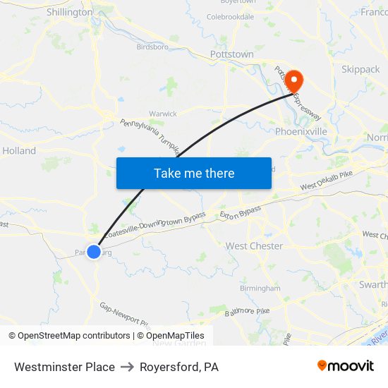 Westminster Place to Royersford, PA map