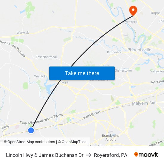 Lincoln Hwy & James Buchanan Dr to Royersford, PA map